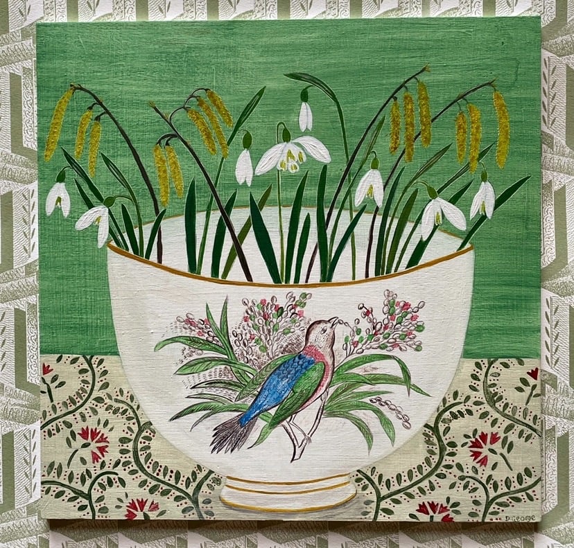 Image of Transferware bird bowl and Snowdrops 