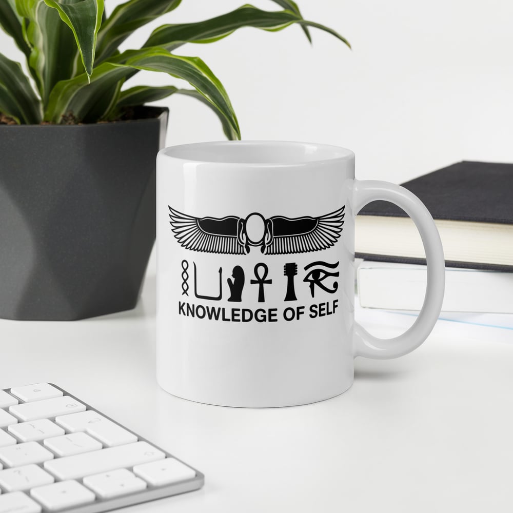 white ceramic mug, knowledge of self mug