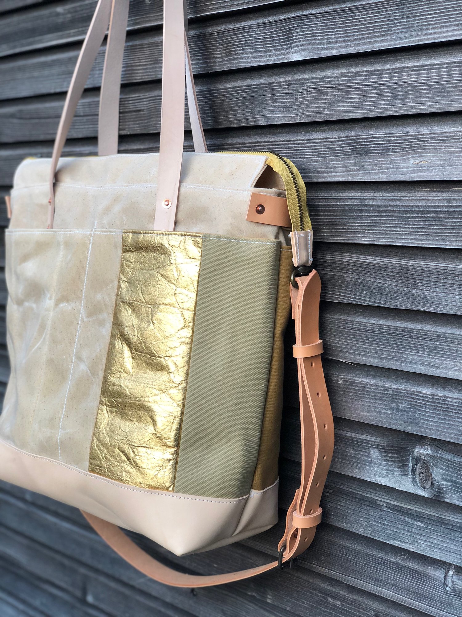 Image of Diaper bag / Large tote bag in waxed canvas and leather with cross body strap COLLECTION UNISEX