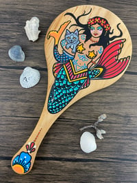 Image 1 of Mermaid and Mercat Tattoo Art Wood Hand Mirror