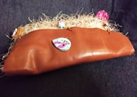 Image 3 of Brown leather envelope style clutch bag with beige crochet front with famous clay button closure