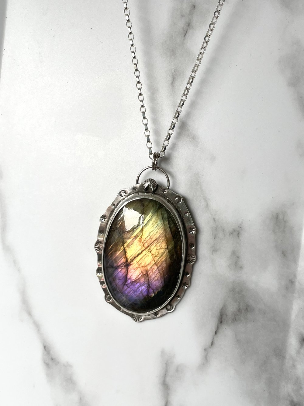Handmade Sterling Silver Rainbow Labradorite Celestial Statement Pendant 925