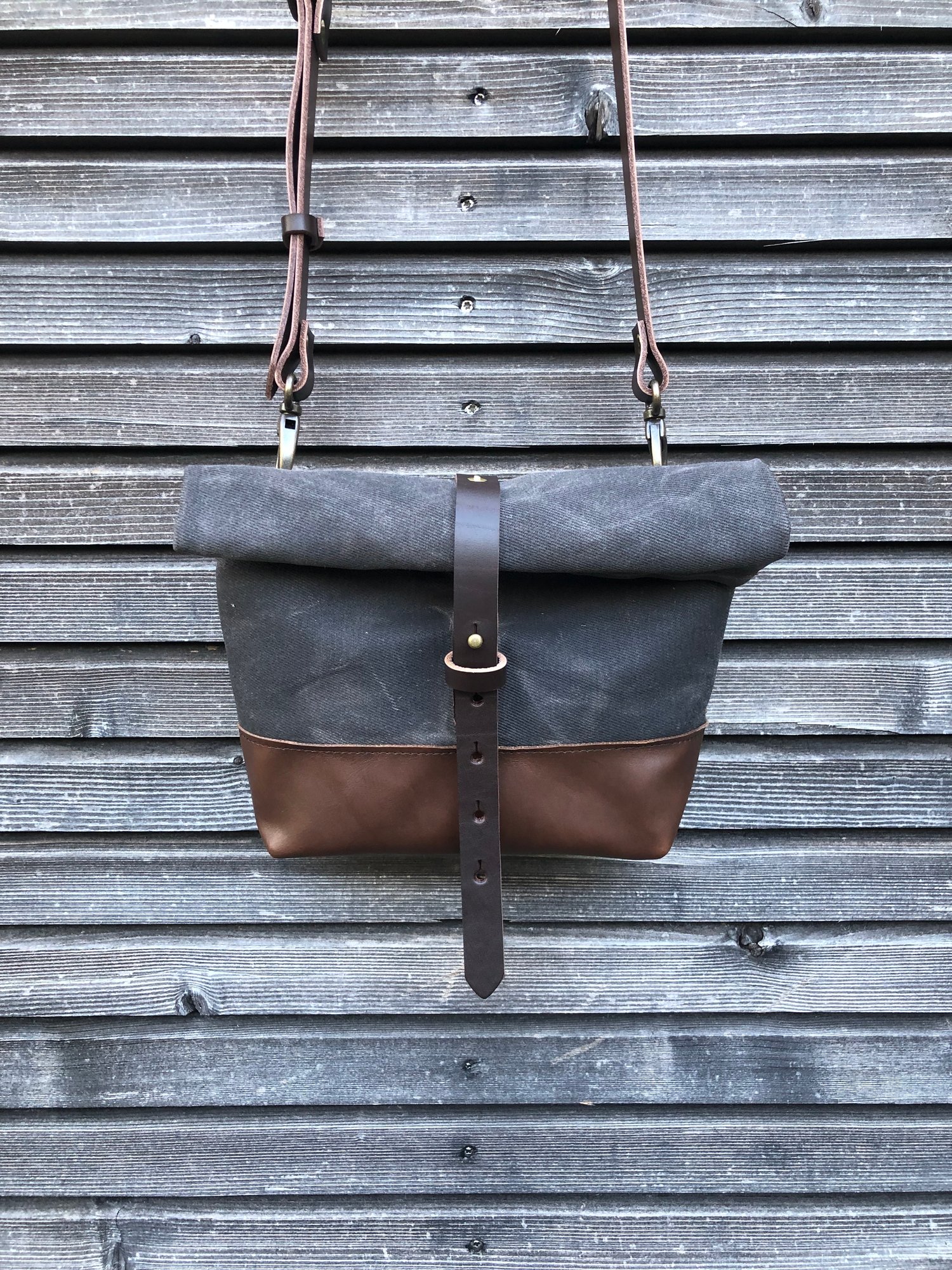 Image of Day bag in grey brown waxed filter twill with leather bottom