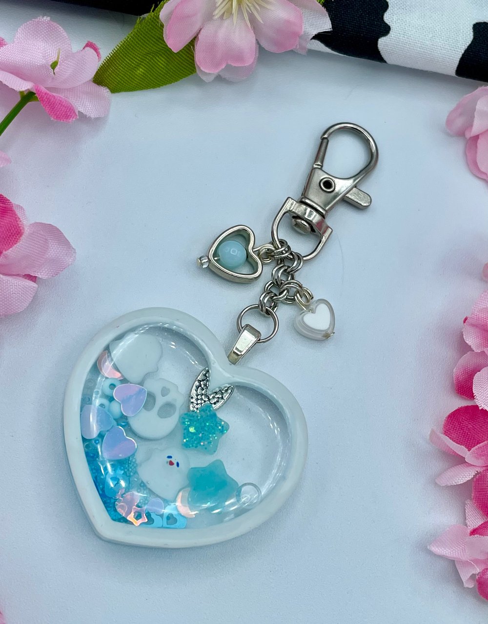 Image of Keychain - White Heart with Blue Goodies