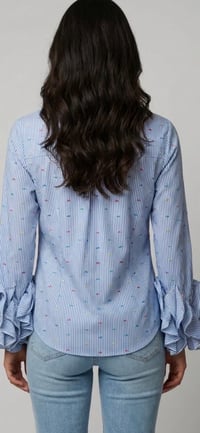 Image 2 of Pinstripe ruffle sleeve shirt 