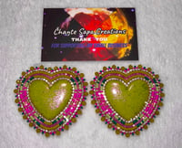 Image 2 of Hand Polished Light Green Heart Beaded Earrings 