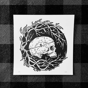 Skull With Branch Wreath Linocut Print