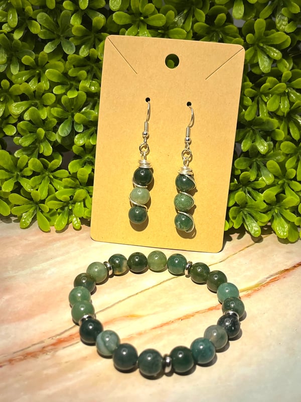 Image of Moss Agate Beaded Bracelet & Earring Set