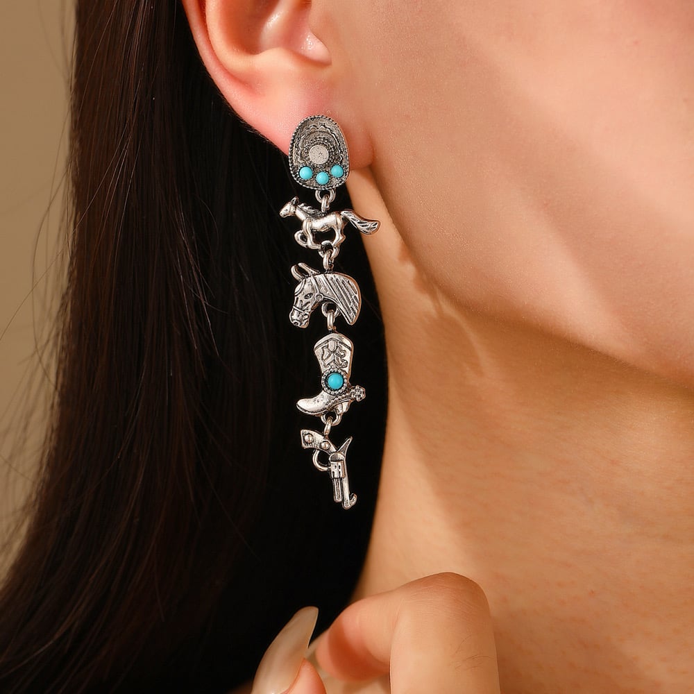Image of Pistol Boots Horse Inlay Turquoise  Drop Earrings 