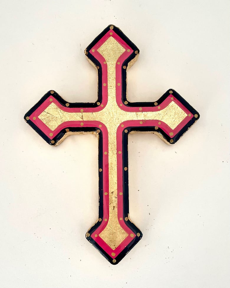 Image of Floral Cross Small Navy Blue/Pink/Gold leaf 