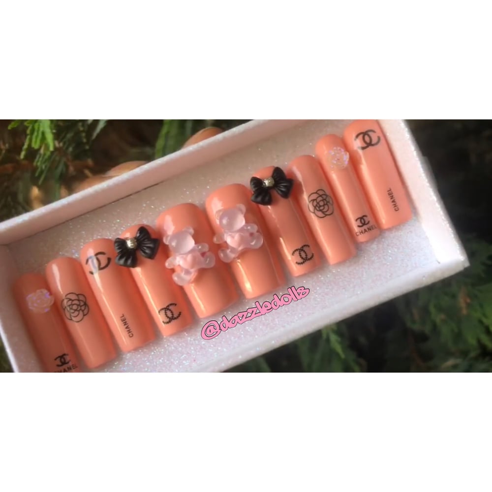Image of pink chanel inspired teddy bear square shaped set