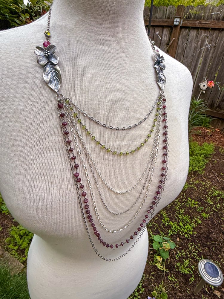 Image of Multi-Strand Dogwood Flower Long Draping Statement Necklace