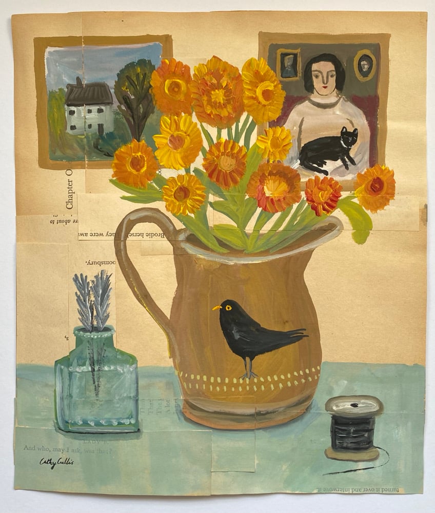 Image of summer blooms in a blackbird jug (with lady and cat painting)