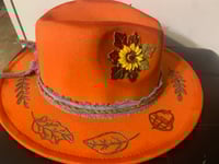 Image 1 of "Autumn Leaves and Pumpkins Please" Hand-Burned Narrow Brim Hat