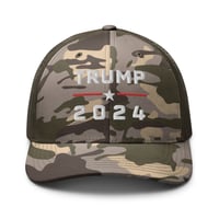 Image 1 of Trump 2024 Camouflage Trucker Cap Hat, MAGA, Patriotic Gift