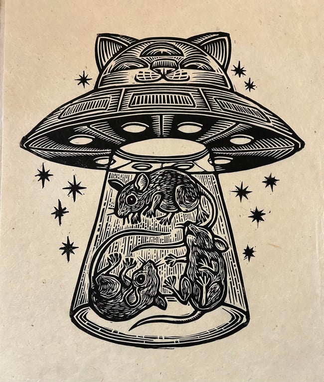 Cat UFO Block Print