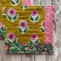 Image 2 of “Mustard & Pink Floral Block Print” Scrappy Quilted Coaster
