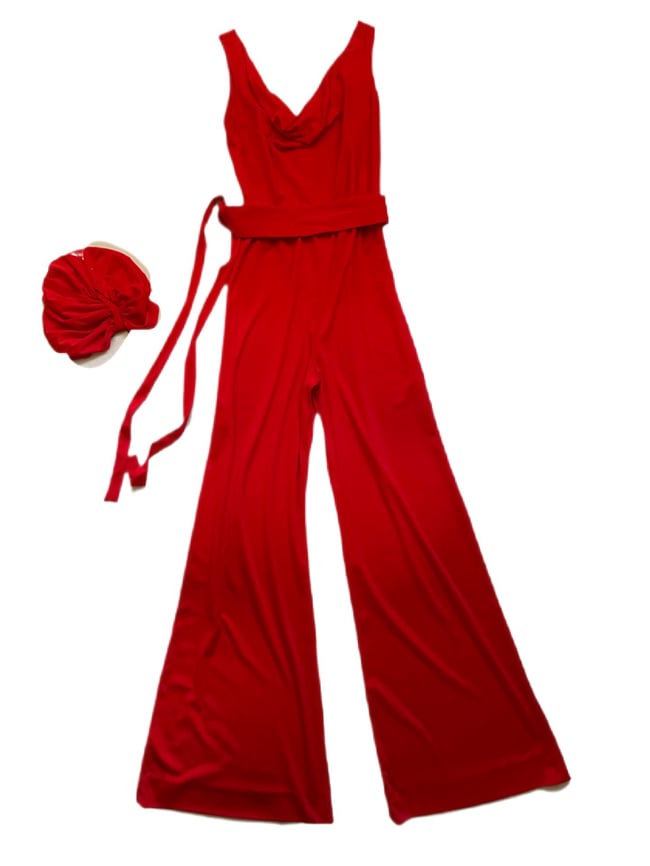 early 1970s deadstock cowl neck jumpsuit with belt, scarf and turban