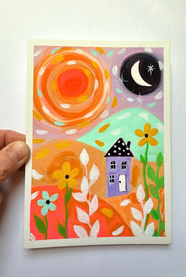 Sunburst & the little purple house. Original 5x7 Paper Painting