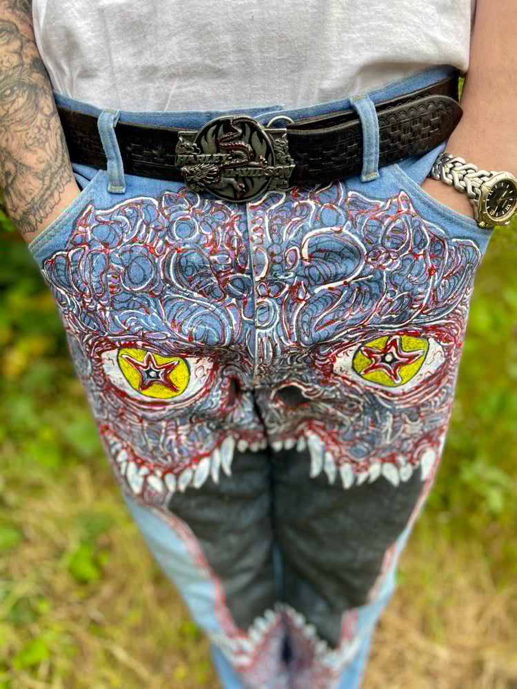 HUNGER AND DESIRE DENIM HAND PAINTED WRANGLER JEANS