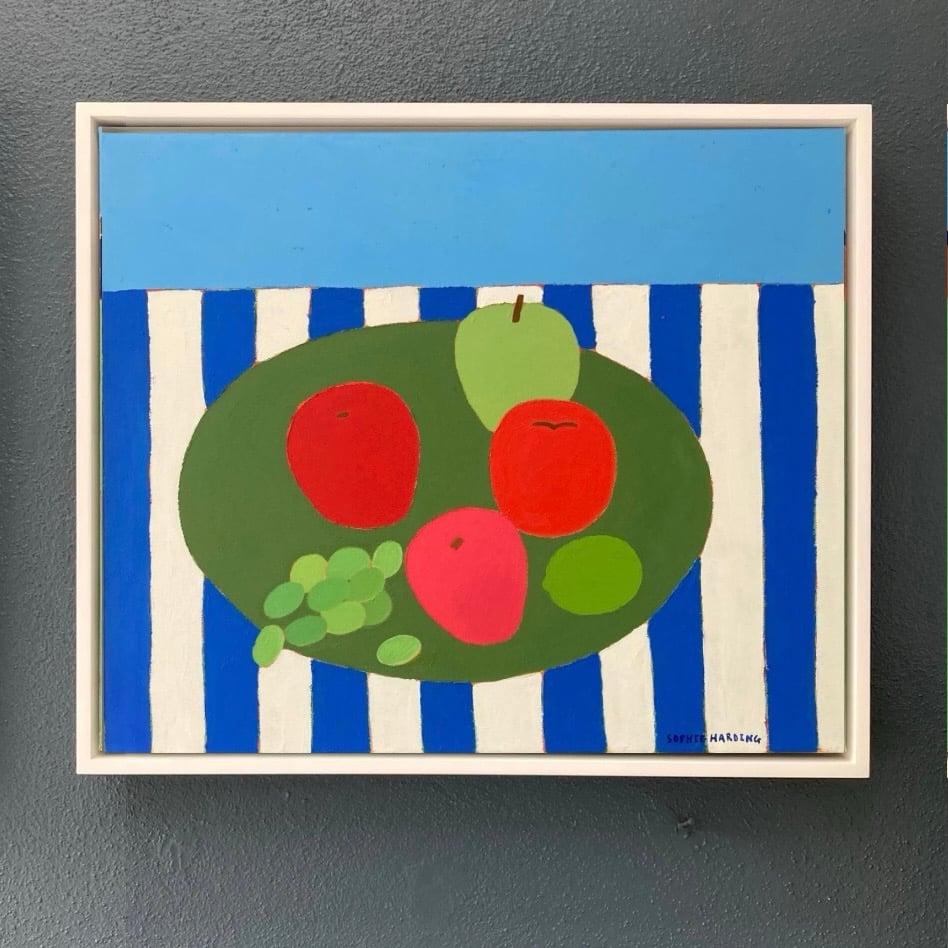 Image of Fruit Plate on Blue Stripes original painting