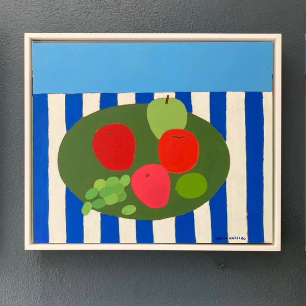 Image of Fruit Plate on Blue Stripes original painting