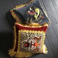Image 12 of Red Velvet Leopard Tiger Patch Fringed Cushion Cover