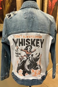 Image 1 of Vintage Blue Distressed Denim Jacket “I Don’t Always Drink Whiskey”