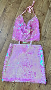 Heavily embellished Disc sequin Pink mesh halterneck cowl tie top