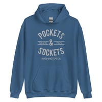 Image 1 of "POCKETS & SOCKETS" - Since 1975 (DC Utility Mark) Dark Unisex Hoodie -Gray Text (see color options)