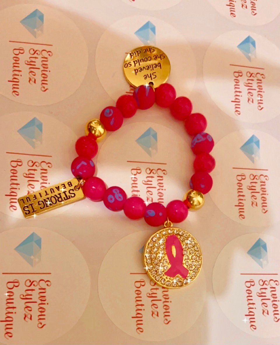 Image of Breast cancer awareness charm beaded bracelet