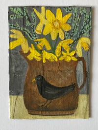 Blackbird jug with daffodils and spring stems - original painting 