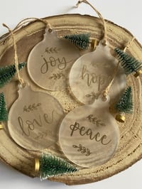 Image 1 of Set of 4 Frosted Christmas Baubles – Hope, Peace, Love, Joy – Gold, Silver, Red or Green