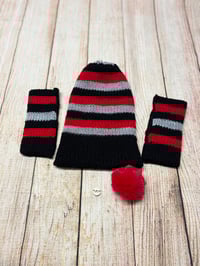 Image 3 of 4 in 1 Hat & Handwarmer Set, Size S (Teen -Small Adult) Red, Black & Grey