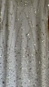 White embellished sequin beaded dress with feathers 