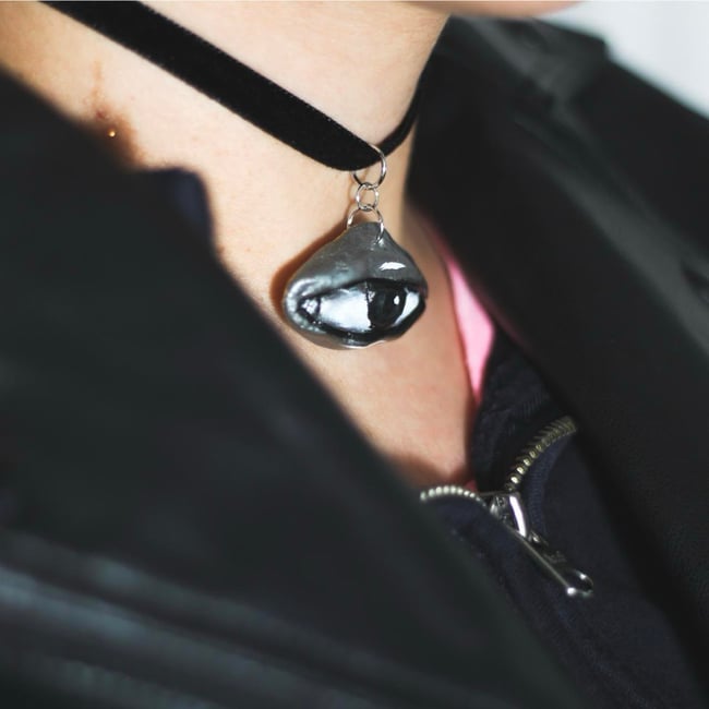 ✩ WHIMSYGOTH VELVET CHOKER ♡ Sculpted Black + Silver Eye ✩₊˚