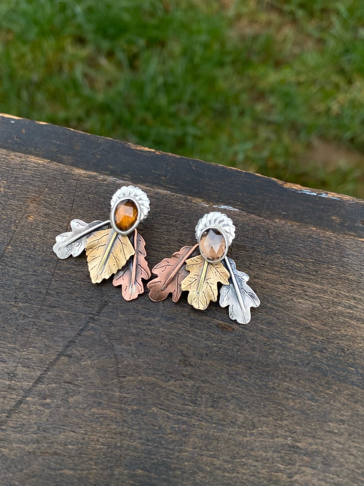 Image of Mixed Leaf Mixed Metal Mismatch Color Zircon Jacket Earrings