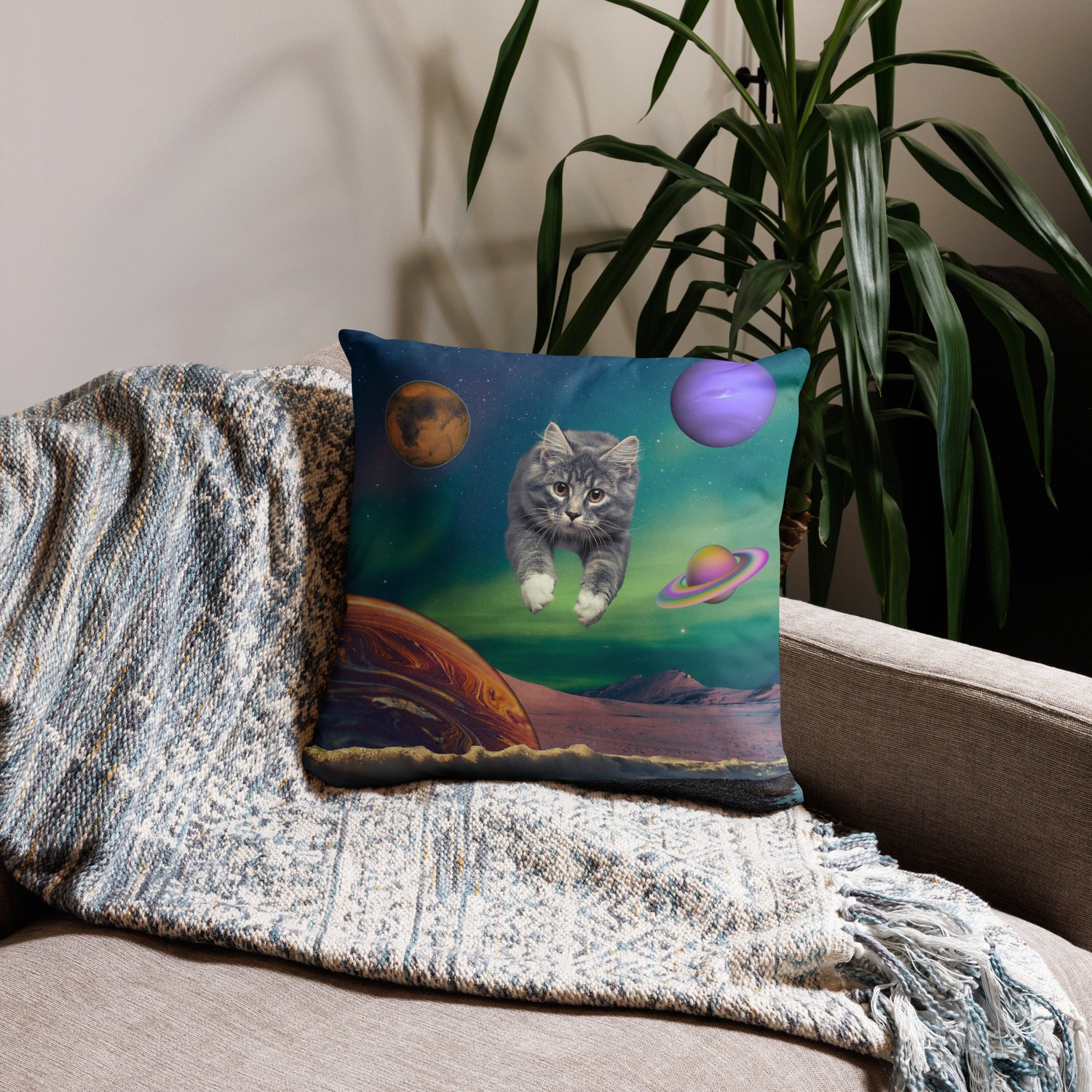 Image of Cat Flying Through Space - Pillow Case
