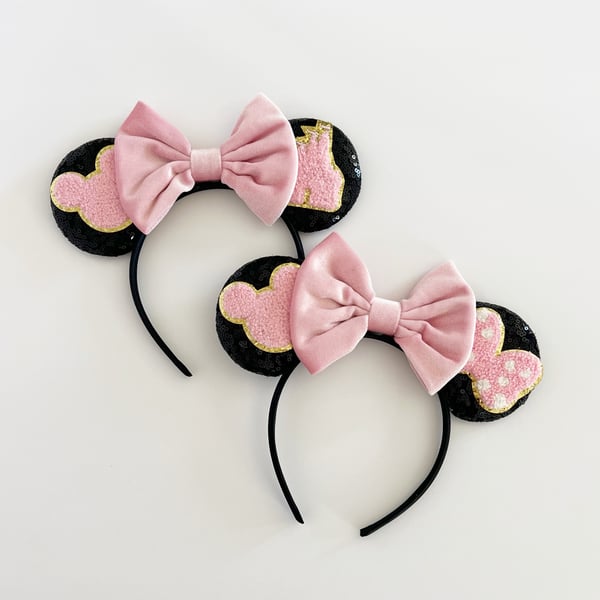 Image of Patch Ears - Black with Pink Velvet Bow