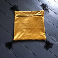 Image 5 of  Black sacred heart cushion cover  in gold cotton velvet fabric and black tassels