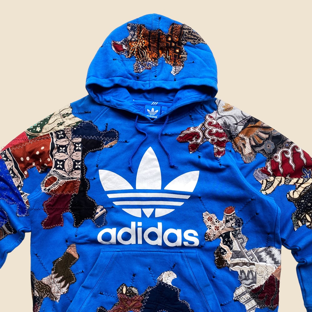 REWORKED ADIDAS BATIK PATCHWORK BLUE HOODIE SIZE L / XL