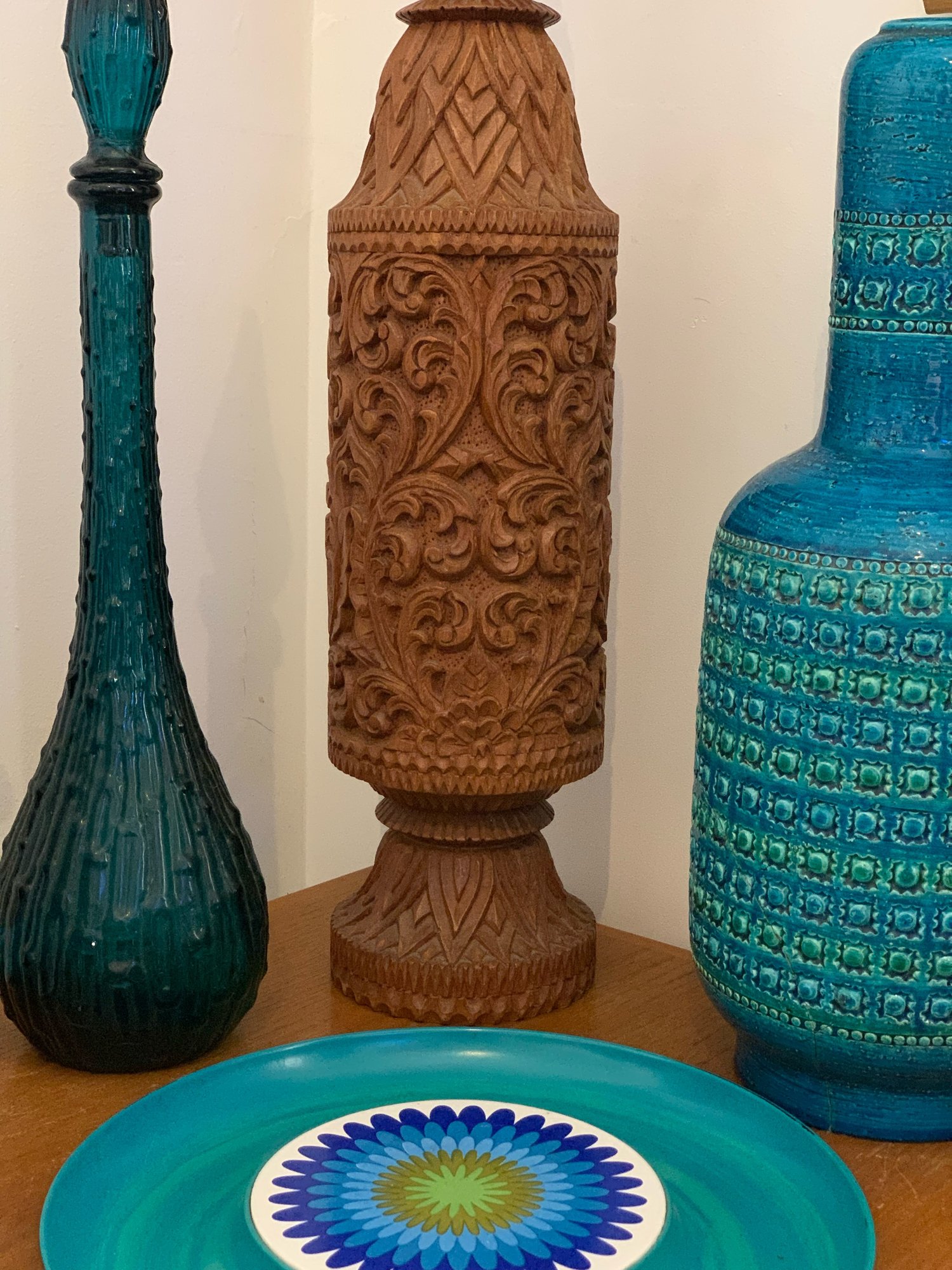 Image of Huge Mid Century Tiki style carved solid teak lamp w/ custom Vintage Groove shade