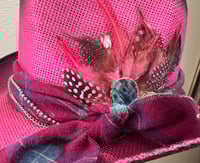 Image 3 of 2 Tone Hot Pink/Black Cowboy Hat Plaid Bandanna and Pink Feather Band 