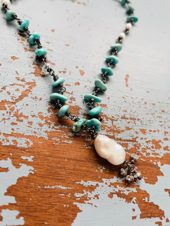 Image of Lone Mountain turquoise necklace with pearl pendant