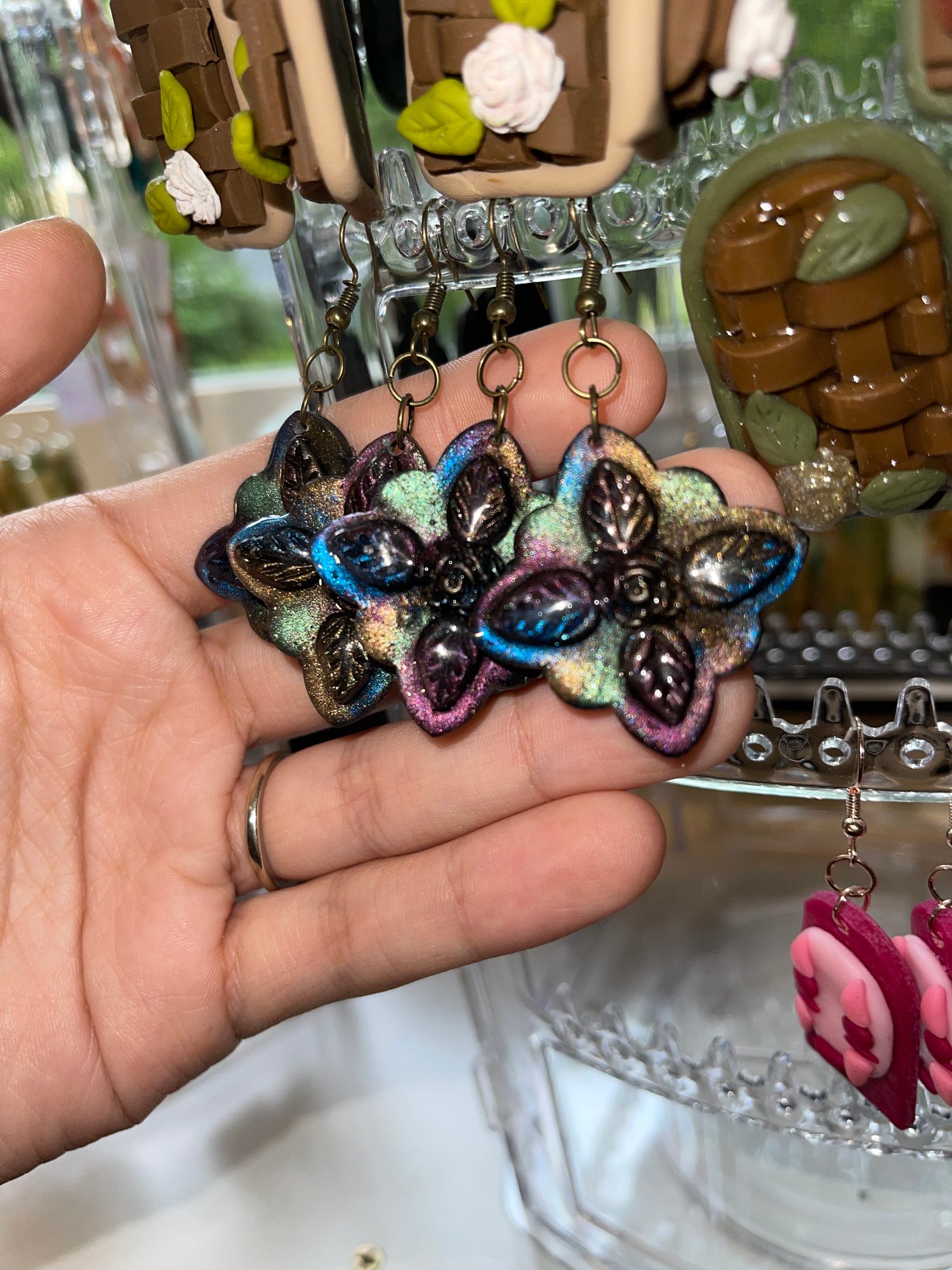 All Black Iridescent Flower Earrings