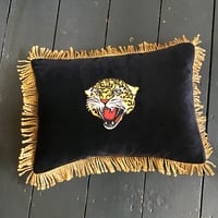 Image 4 of Black velvet cushion  with leopard embroidery patch and gold fringing
