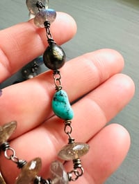 Image 6 of wire wrapped labradorite turquoise and Tahitian pearl necklace