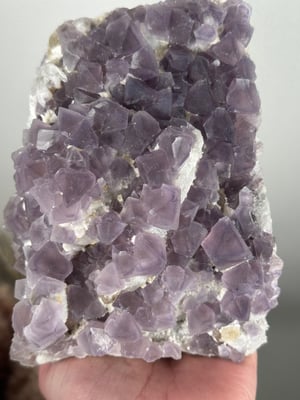 SELF STANDING OCTAHEDRAL PURPLE FLUORITE ON CANDLE QURTZ -CHINA- A