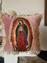 Image 1 of Pink Velvet Cushion with Virgin of Guadalupe appliqué patch