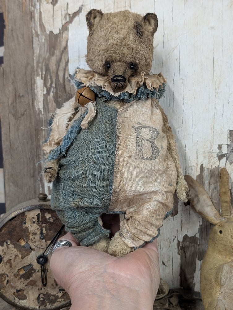 Image of  9" -Vintage Old Primitive Teddy Bear in romper  by Whendi's Bears